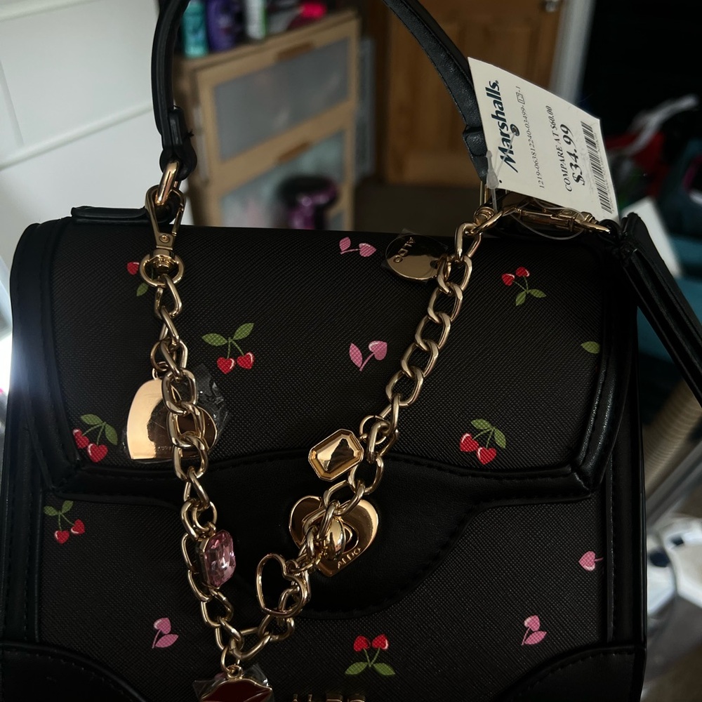 Charming Black Cherry Print Bag with Gold Chain